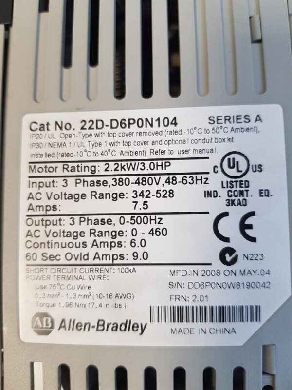 Allen-Bradley POWERFLEX Frequenzumrichter 22D-D6P0N104