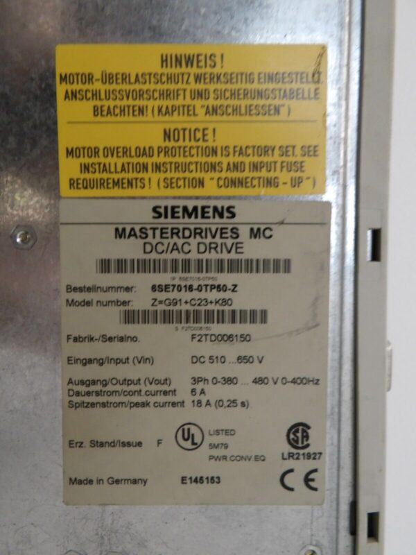 Siemens 6SE7016-0TP50-Z Masterdrive Gebraucht  Z=G91+C23+K80