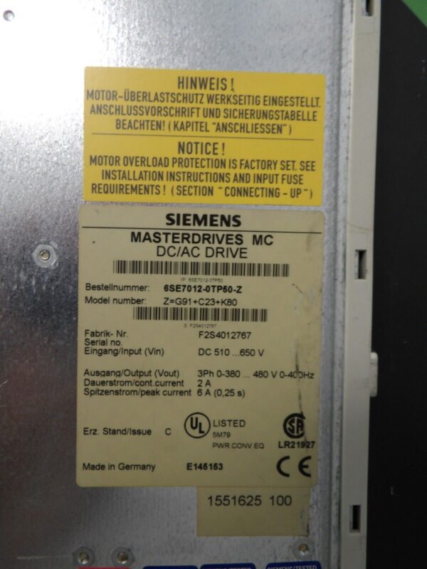 Siemens 6SE7012-0TP50-Z Masterdrive Gebraucht  Z=G91+C23+K80