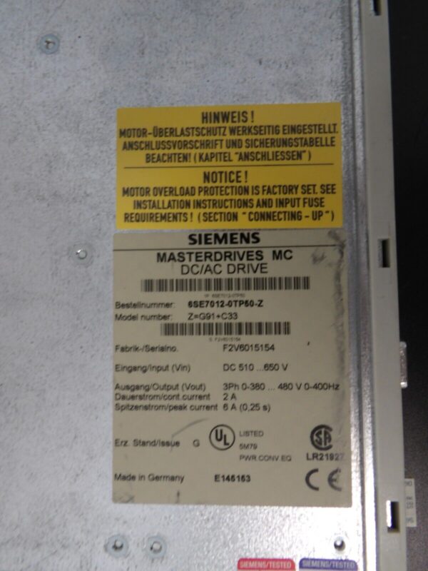 Siemens 6SE7012-0TP50-Z Masterdrive Gebraucht  Z=G91+C23